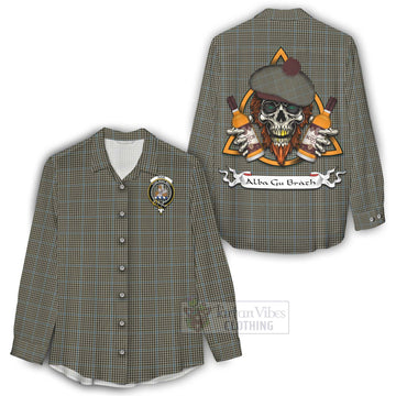 Tartan Vibes Clothing Haig Tartan Women's Casual Shirt with Family Crest and Bearded Skull Holding Bottles of Whiskey