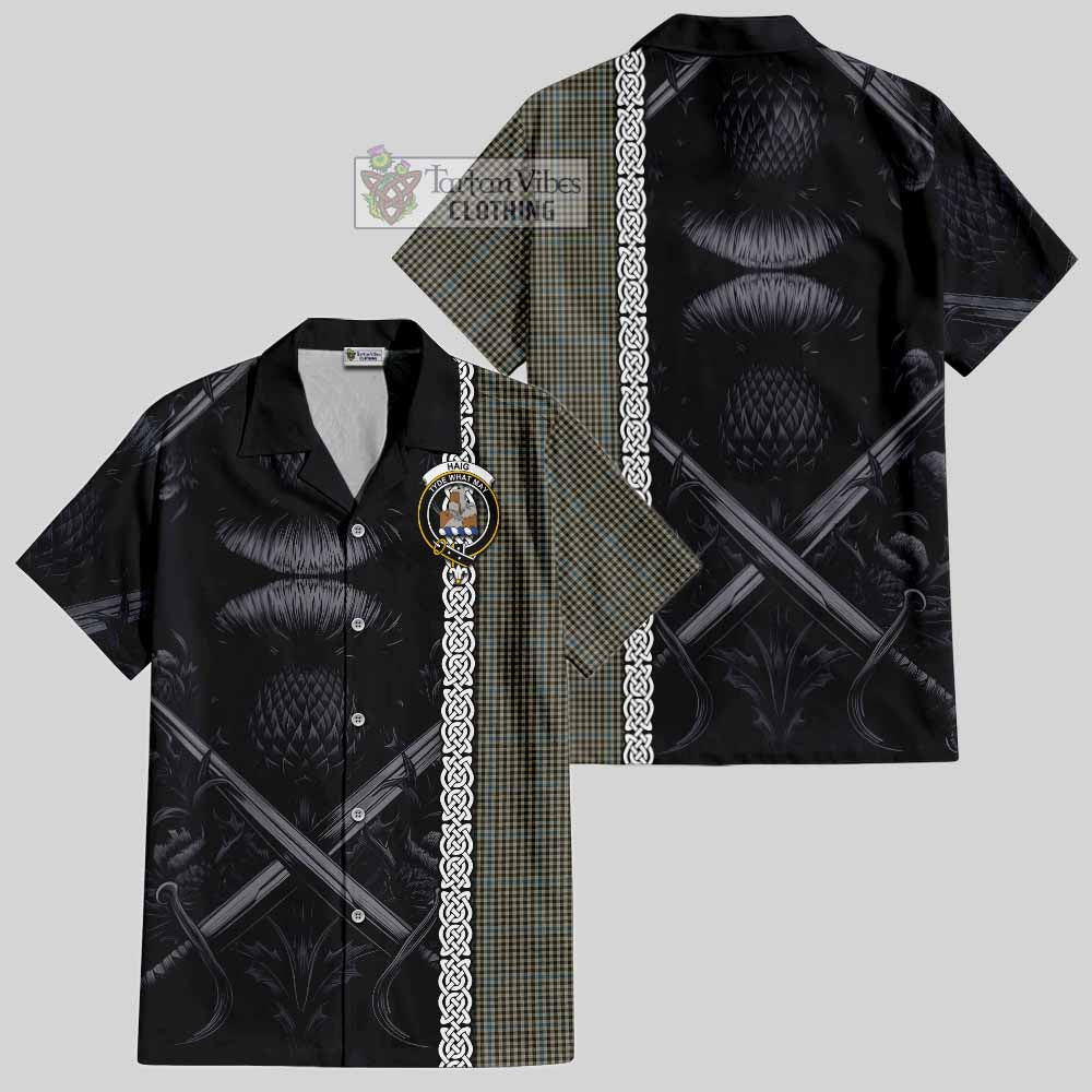 Tartan Vibes Clothing Haig Tartan Short Sleeve Button Shirt with Family Crest Cross Sword Thistle Celtic Vibes