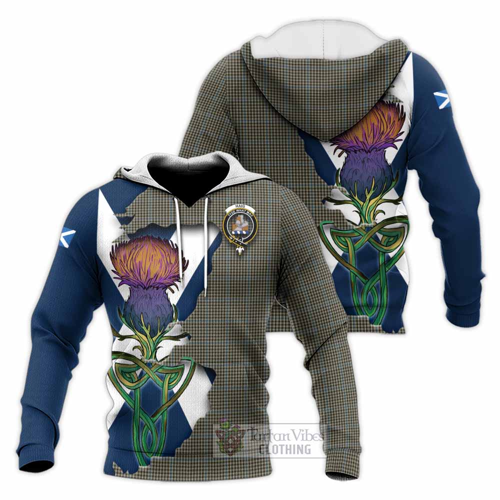 Tartan Vibes Clothing Haig Tartan Family Crest Knitted Hoodie Scottish Thistle Celtic Inspired
