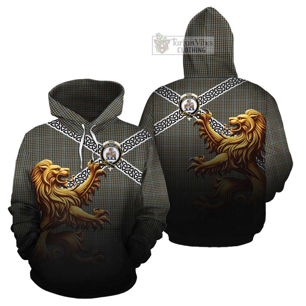 Tartan Vibes Clothing Haig Crest Tartan Cotton Hoodie with Golden Lion Emblem Celtic Style