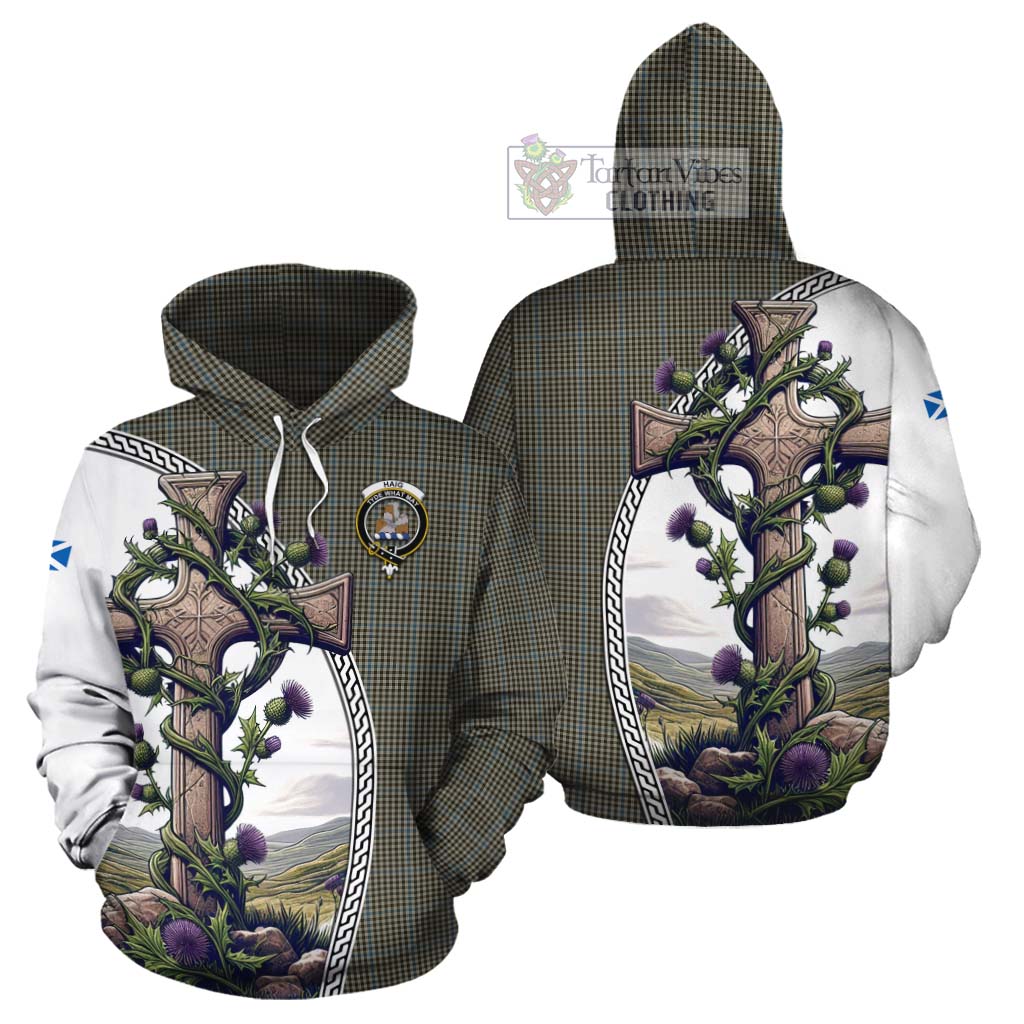 Tartan Vibes Clothing Haig Tartan Cotton Hoodie with Family Crest and St. Andrew's Cross Accented by Thistle Vines