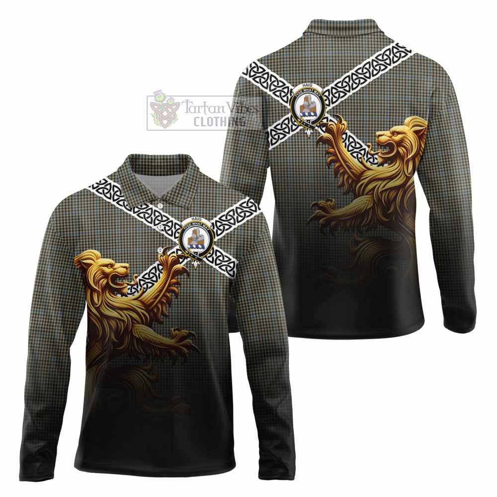 Tartan Vibes Clothing Haig Crest Tartan Long Sleeve Polo Shirt with Golden Lion Emblem Celtic Style