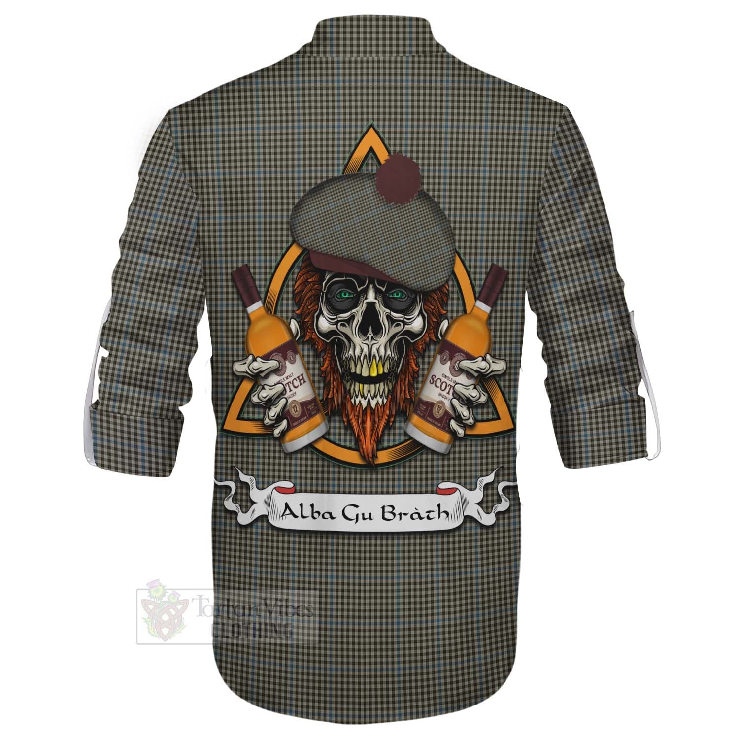 Tartan Vibes Clothing Haig Tartan Ghillie Kilt Shirt with Family Crest and Bearded Skull Holding Bottles of Whiskey