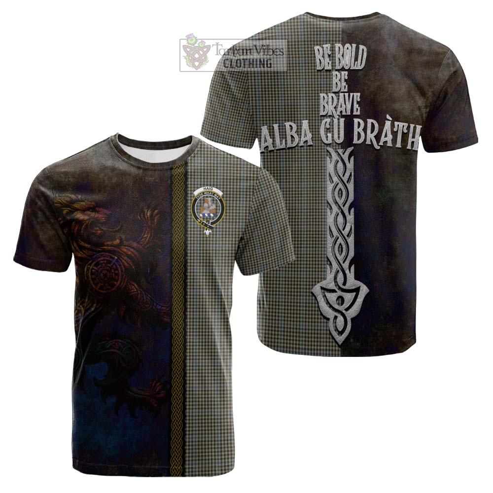 Tartan Vibes Clothing Haig Tartan Family Crest Cotton T-shirt Alba Gu Brath Be Brave Lion Ancient Style