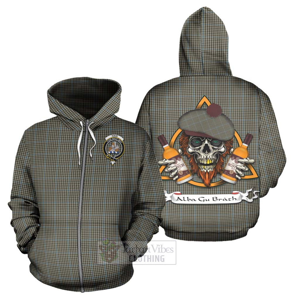 Tartan Vibes Clothing Haig Tartan Hoodie with Family Crest and Bearded Skull Holding Bottles of Whiskey