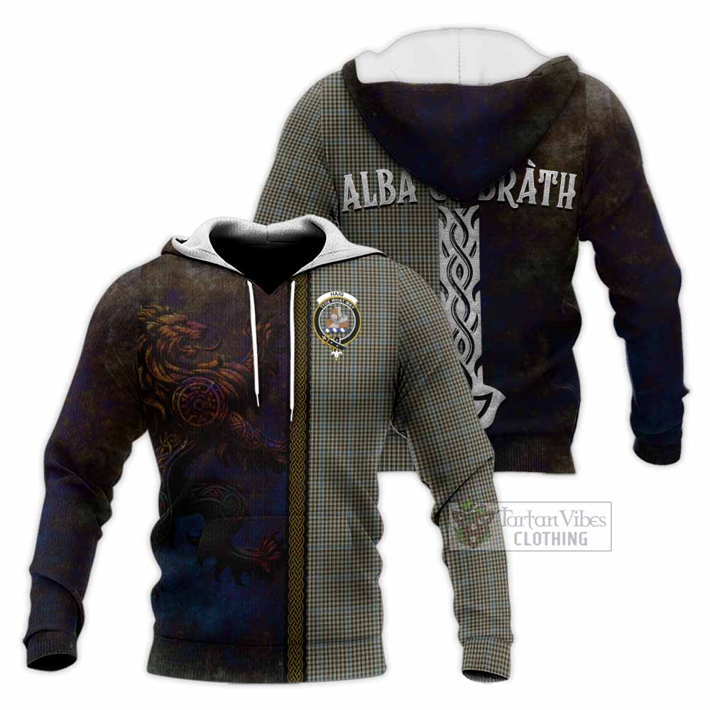 Tartan Vibes Clothing Haig Tartan Family Crest Knitted Hoodie Alba Gu Brath Be Brave Lion Ancient Style