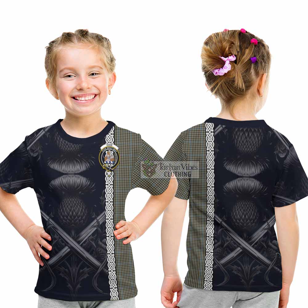 Tartan Vibes Clothing Haig Tartan Kid T-Shirt with Family Crest Cross Sword Thistle Celtic Vibes