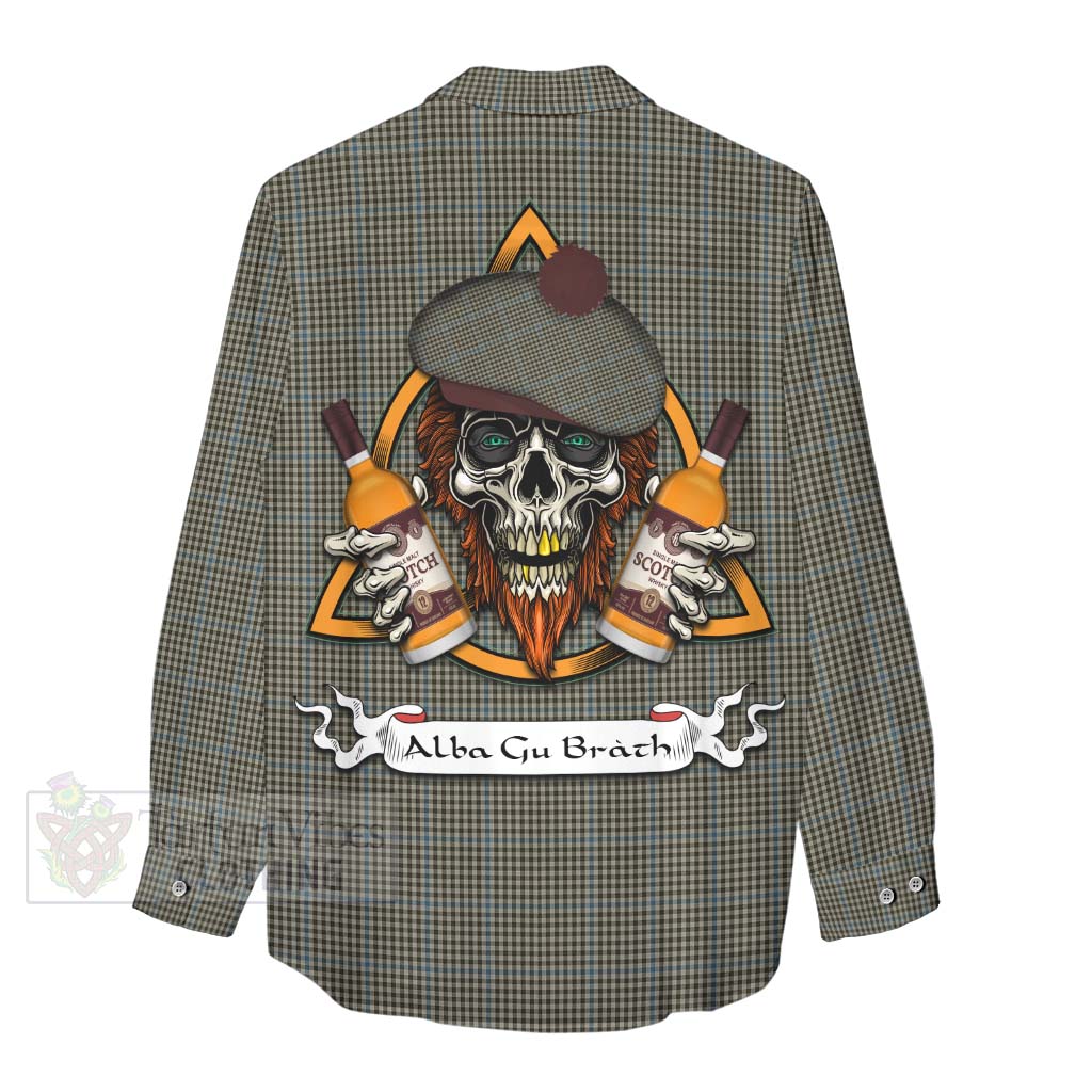 Tartan Vibes Clothing Haig Tartan Women's Casual Shirt with Family Crest and Bearded Skull Holding Bottles of Whiskey
