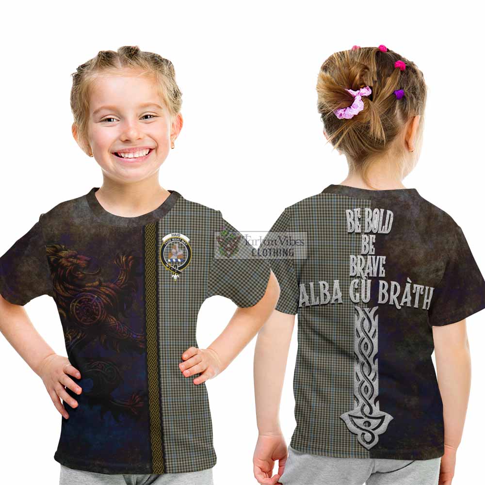 Tartan Vibes Clothing Haig Tartan Family Crest Kid T-Shirt Alba Gu Brath Be Brave Lion Ancient Style