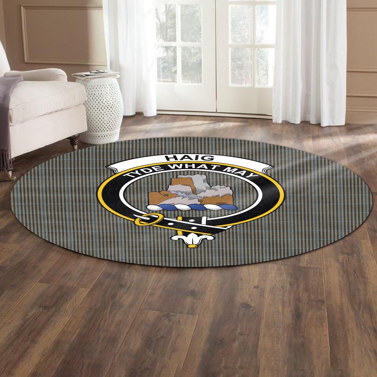 haig-tartan-round-rug-with-family-crest