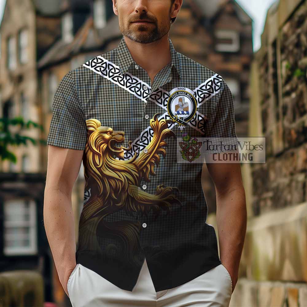 Tartan Vibes Clothing Haig Crest Tartan Short Sleeve Button Shirt with Golden Lion Emblem Celtic Style
