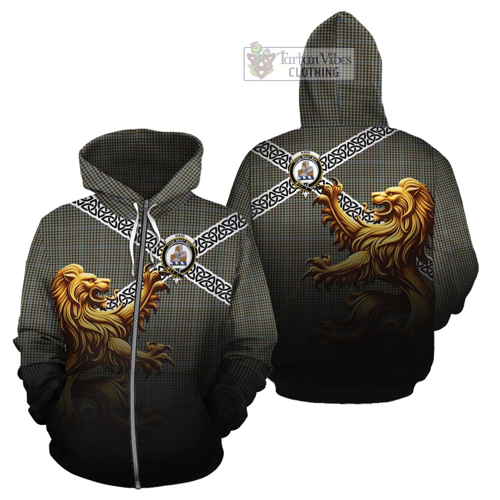 Tartan Vibes Clothing Haig Crest Tartan Cotton Hoodie with Golden Lion Emblem Celtic Style