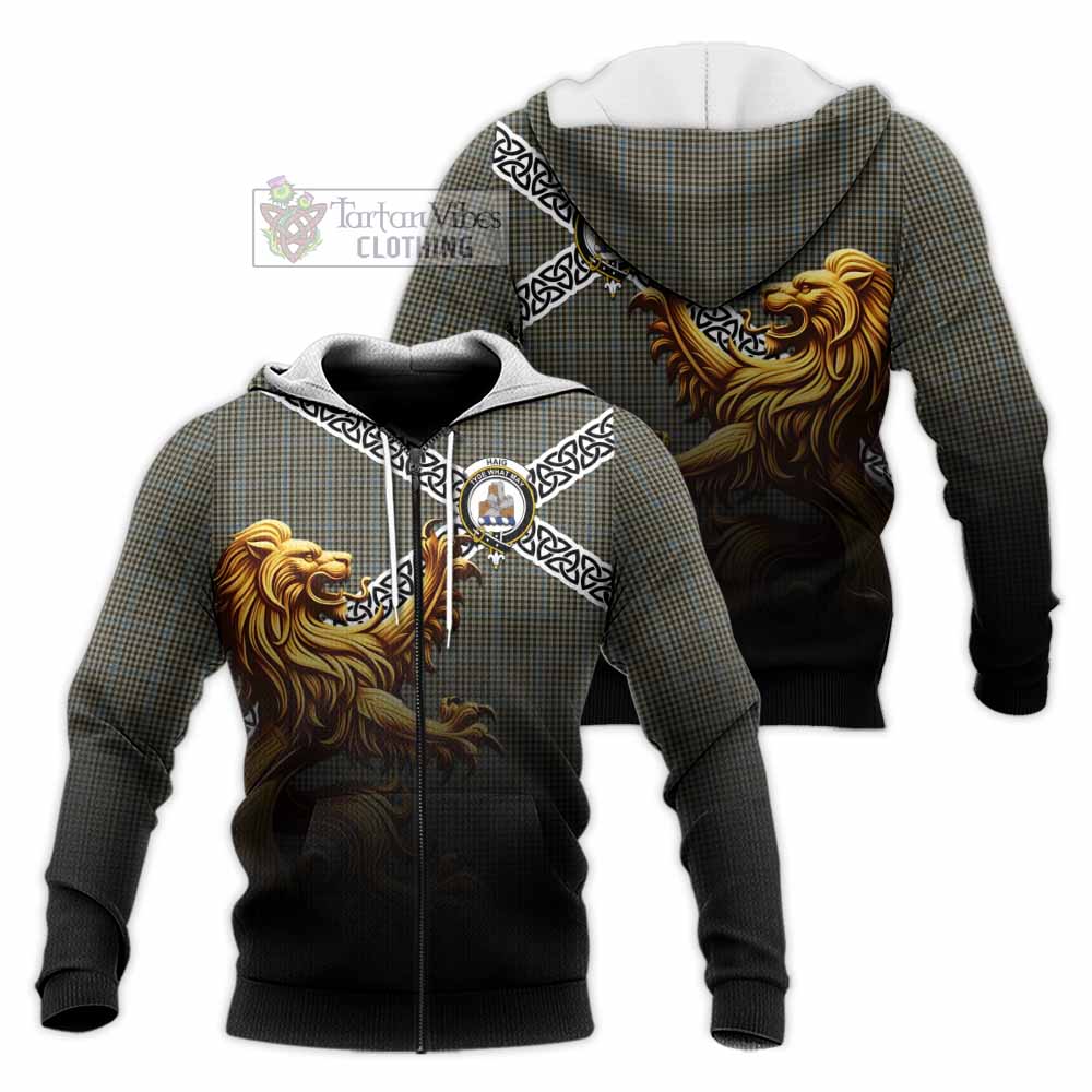 Tartan Vibes Clothing Haig Crest Tartan Knitted Hoodie with Golden Lion Emblem Celtic Style