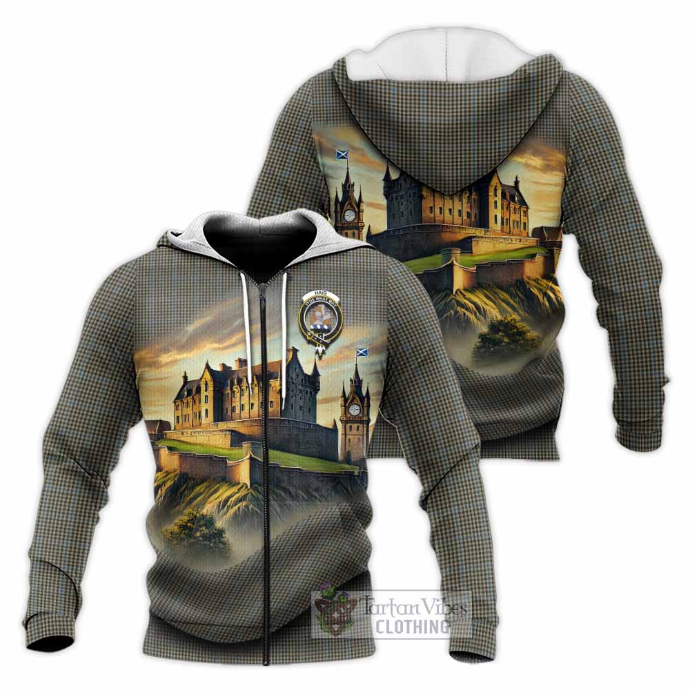 Tartan Vibes Clothing Haig Tartan Family Crest Knitted Hoodie with Scottish Ancient Castle Style