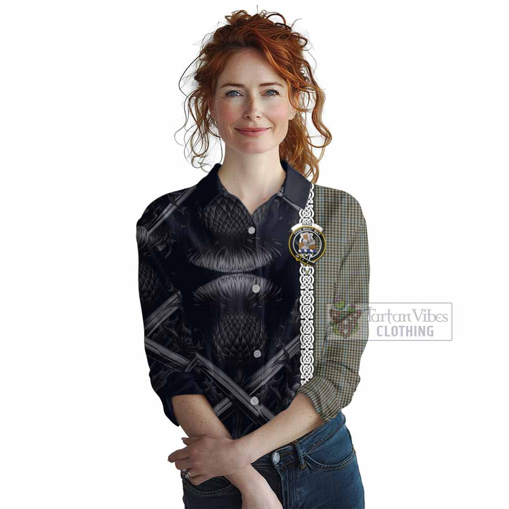 Tartan Vibes Clothing Haig Tartan Women's Casual Shirt with Family Crest Cross Sword Thistle Celtic Vibes