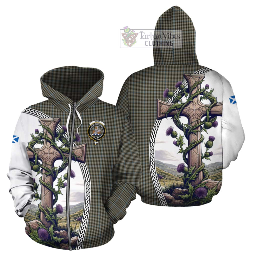 Tartan Vibes Clothing Haig Tartan Cotton Hoodie with Family Crest and St. Andrew's Cross Accented by Thistle Vines