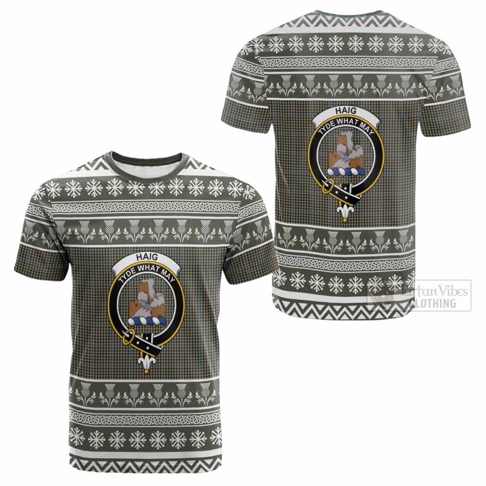 Haig Clan Tartan Christmas Cotton T-shirt with Family Crest - Tartan Vibes Clothing