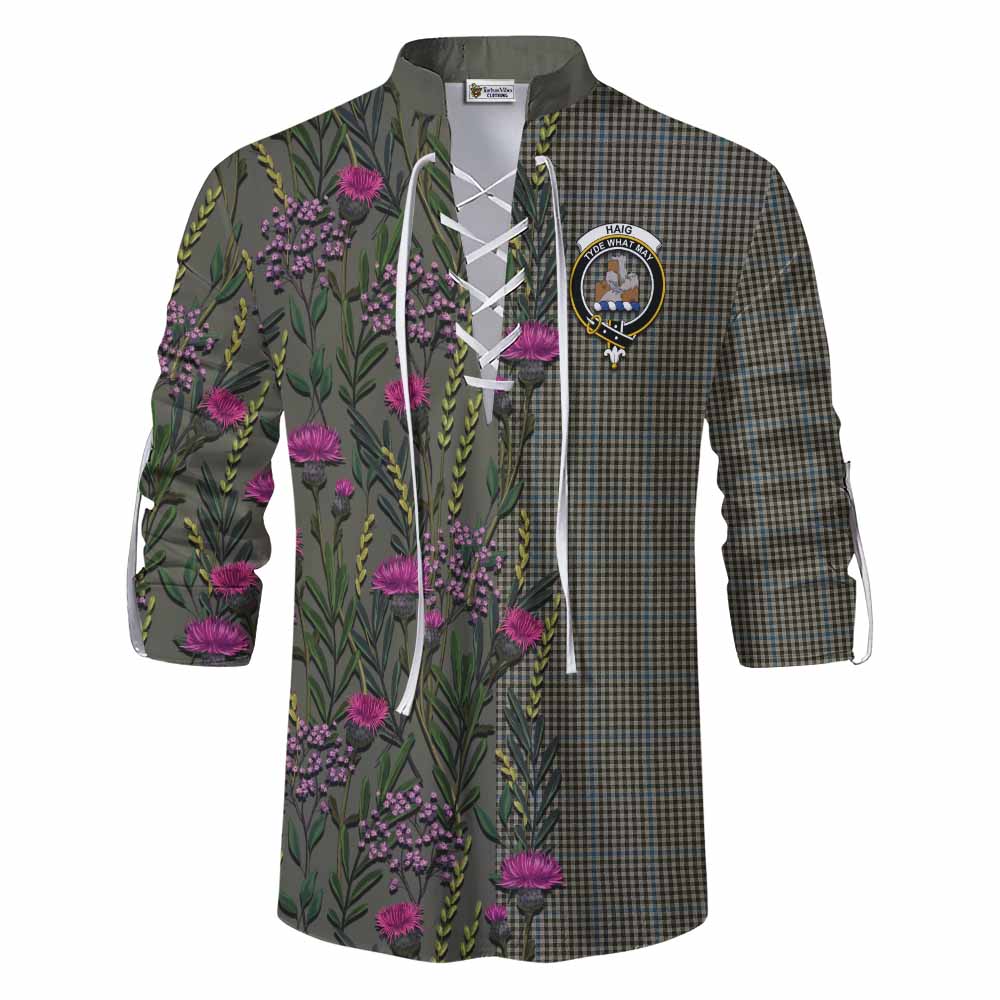 Haig Family Crest Tartan Ghillie Shirt Scottish Thistle Flower Pattern Half Style - Tartan Vibes Clothing