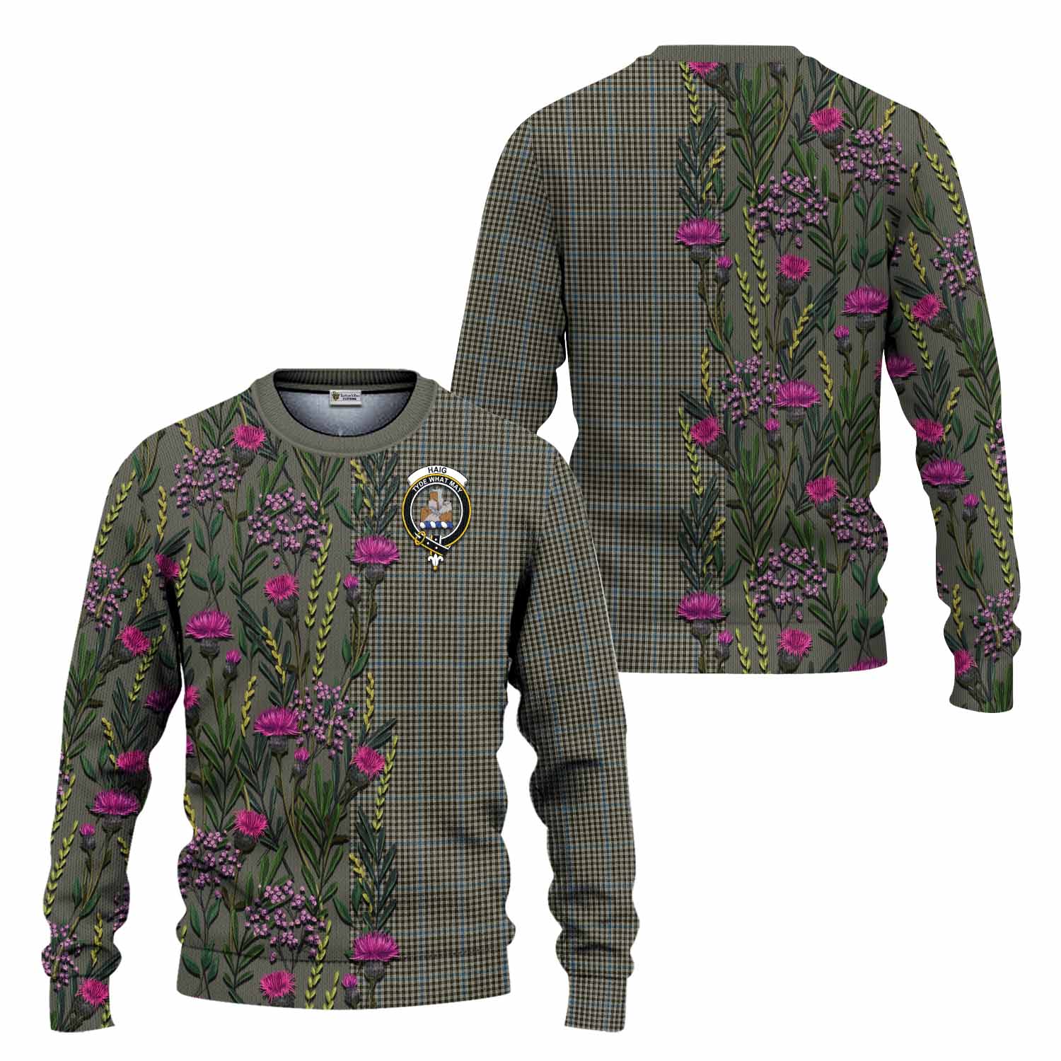 Haig Family Crest Tartan Knitted Sweater Scottish Thistle Flower Pattern Half Style - Tartan Vibes Clothing