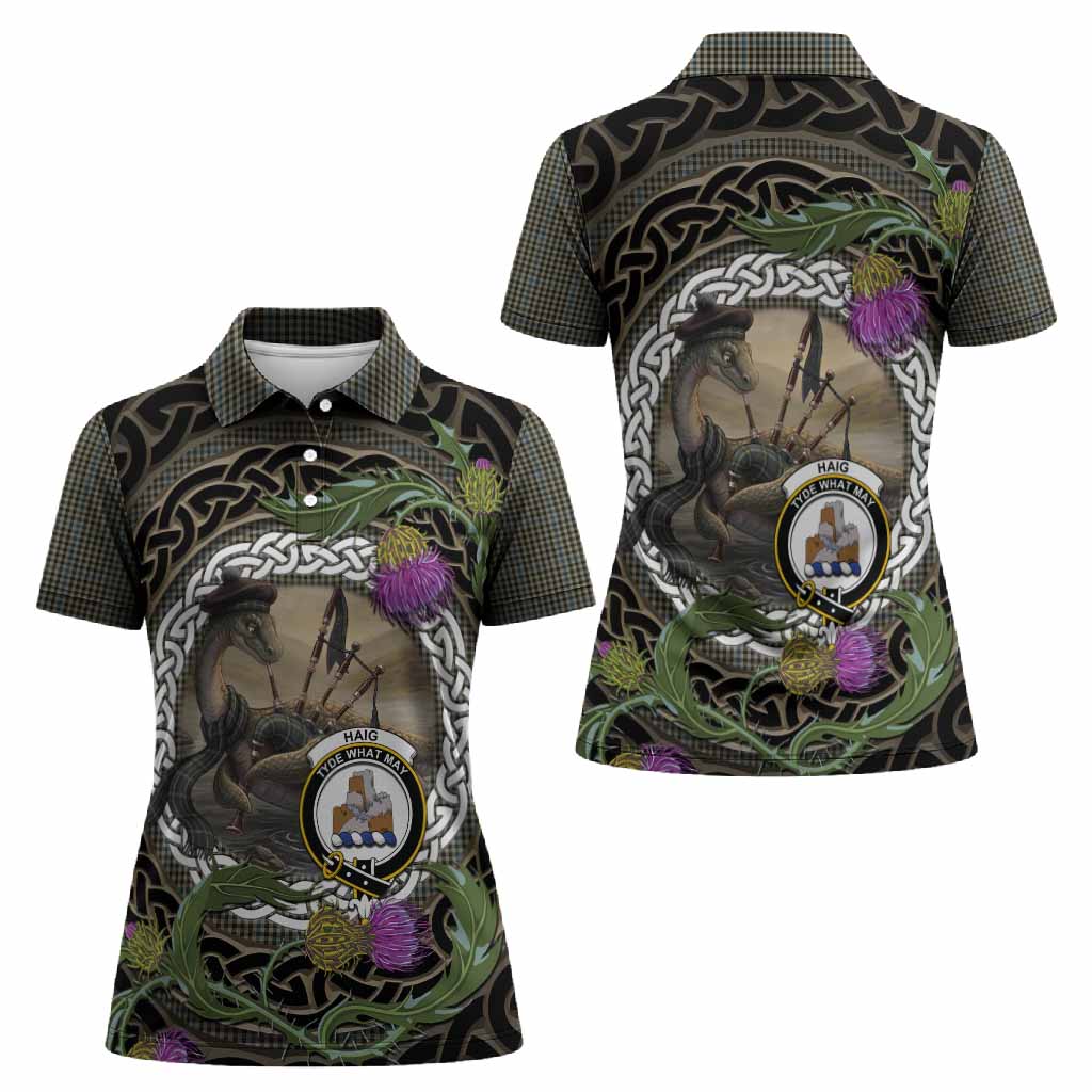 Haig Tartan Crest Bagpipe Nessie Women Polo Shirt Scottish Loch Ness Monster Celtic Thistle