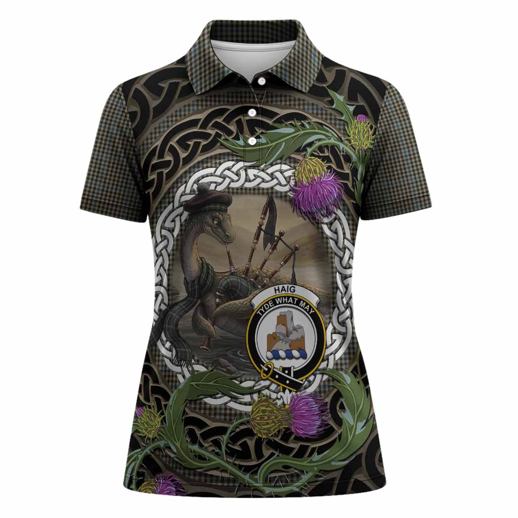 Haig Tartan Crest Bagpipe Nessie Women Polo Shirt Scottish Loch Ness Monster Celtic Thistle