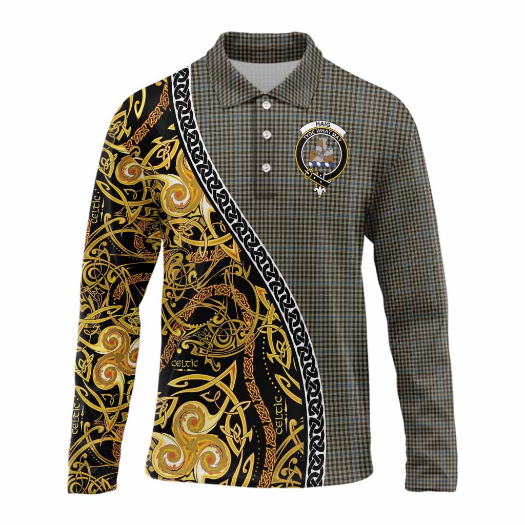 Haig Tartan Crest Long Sleeve Polo Shirt Celtic Knot and Triple Trickle Spiral Symbols