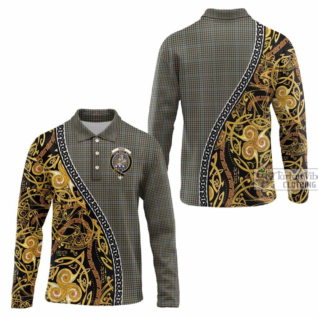 Haig Tartan Crest Long Sleeve Polo Shirt Celtic Knot and Triple Trickle Spiral Symbols