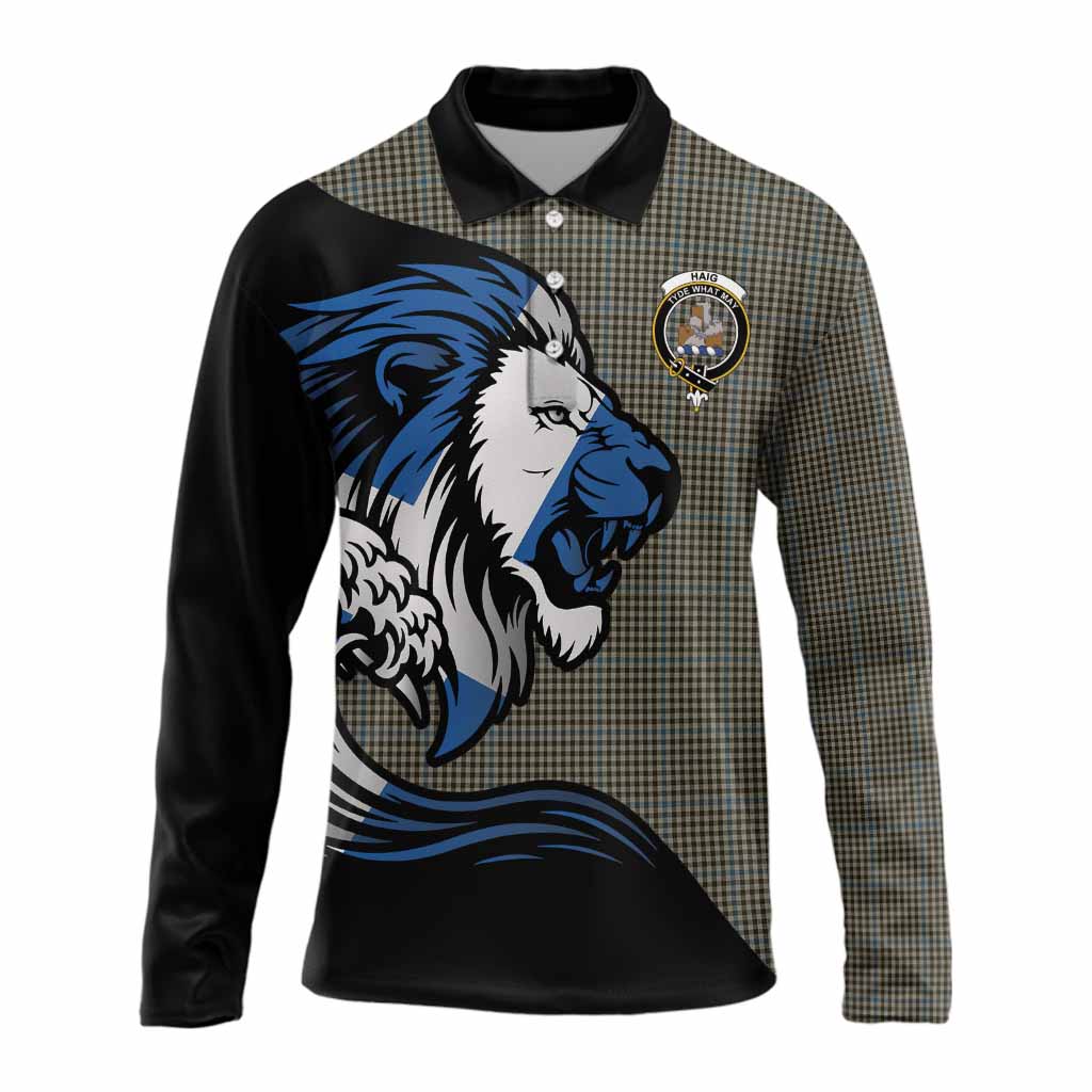 Haig Tartan Crest Long Sleeve Polo Shirt Scottish Golden Lions Wave Flow