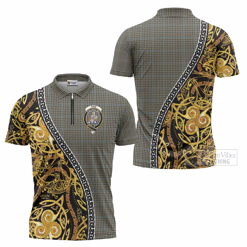Haig Tartan Crest Zipper Polo Shirt Celtic Knot and Triple Trickle Spiral Symbols