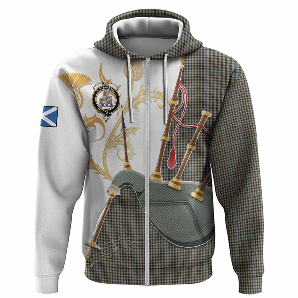 Haig Tartan Family Crest Hoodie Bagpipes with Scottish Thistle