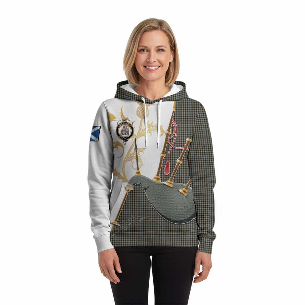 Haig Tartan Family Crest Hoodie Bagpipes with Scottish Thistle