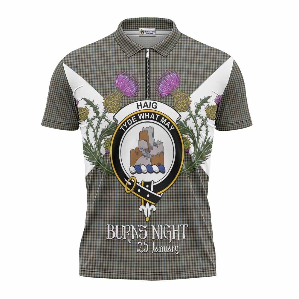 Haig Tartan Family Crest Zipper Polo Shirt Scottish Burns Night Thistle Floral