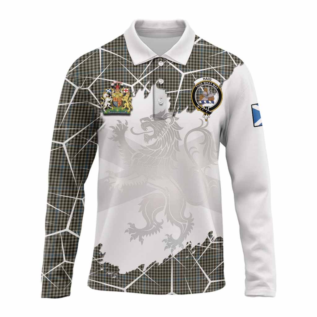 Haig Tartan Long Sleeve Polo Shirt with Family Crest and Lion Rampant Grunge Style