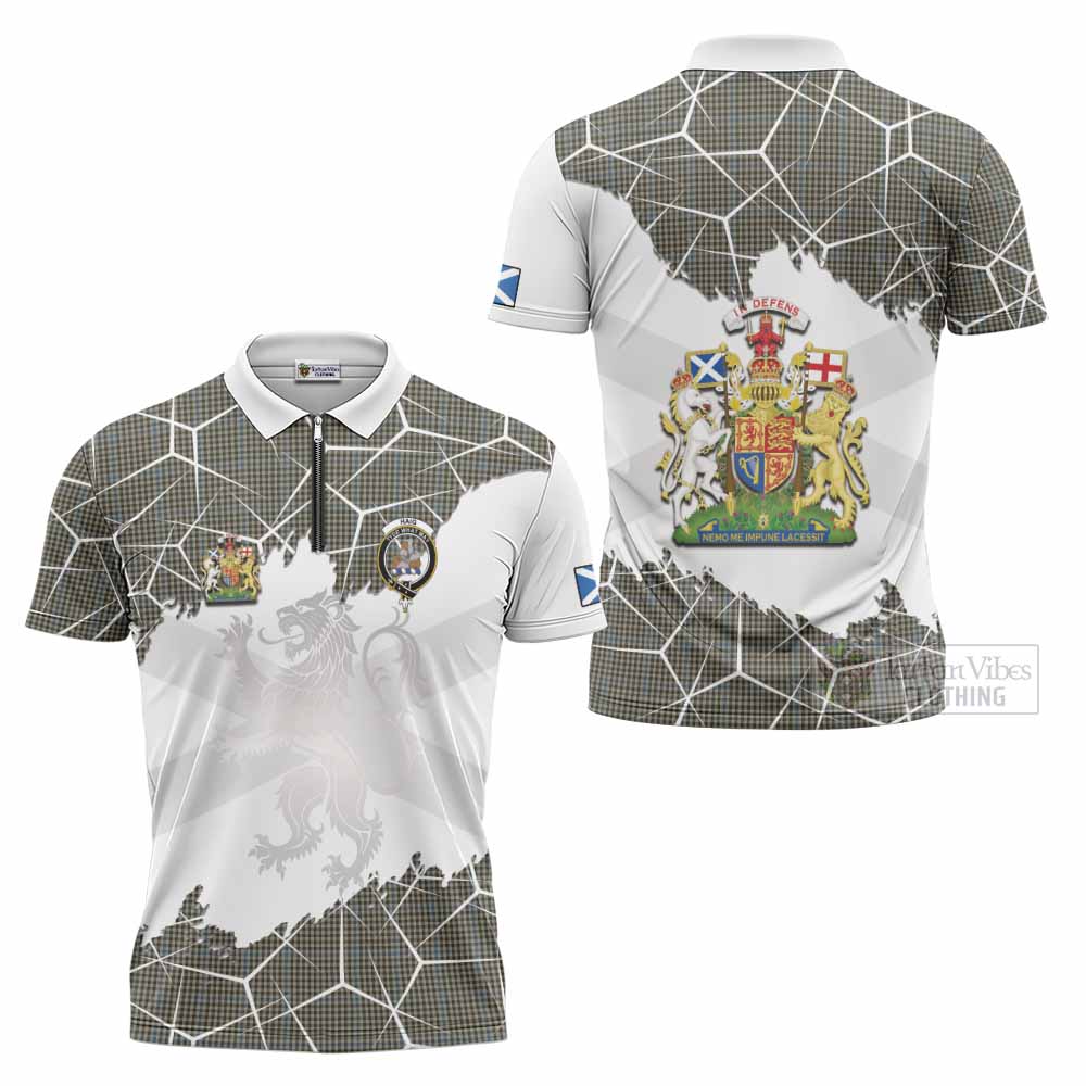 Haig Tartan Zipper Polo Shirt with Family Crest and Lion Rampant Grunge Style