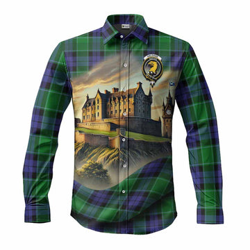 Tartan Vibes Clothing Haldane Tartan Family Crest Long Sleeve Button Shirt with Scottish Ancient Castle Style