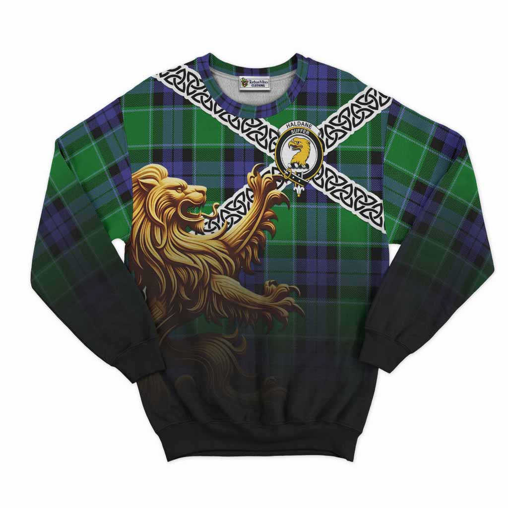 Haldane Crest Tartan Sweatshirt with Golden Lion Emblem Celtic Style Unisex - Tartan Vibes Clothing