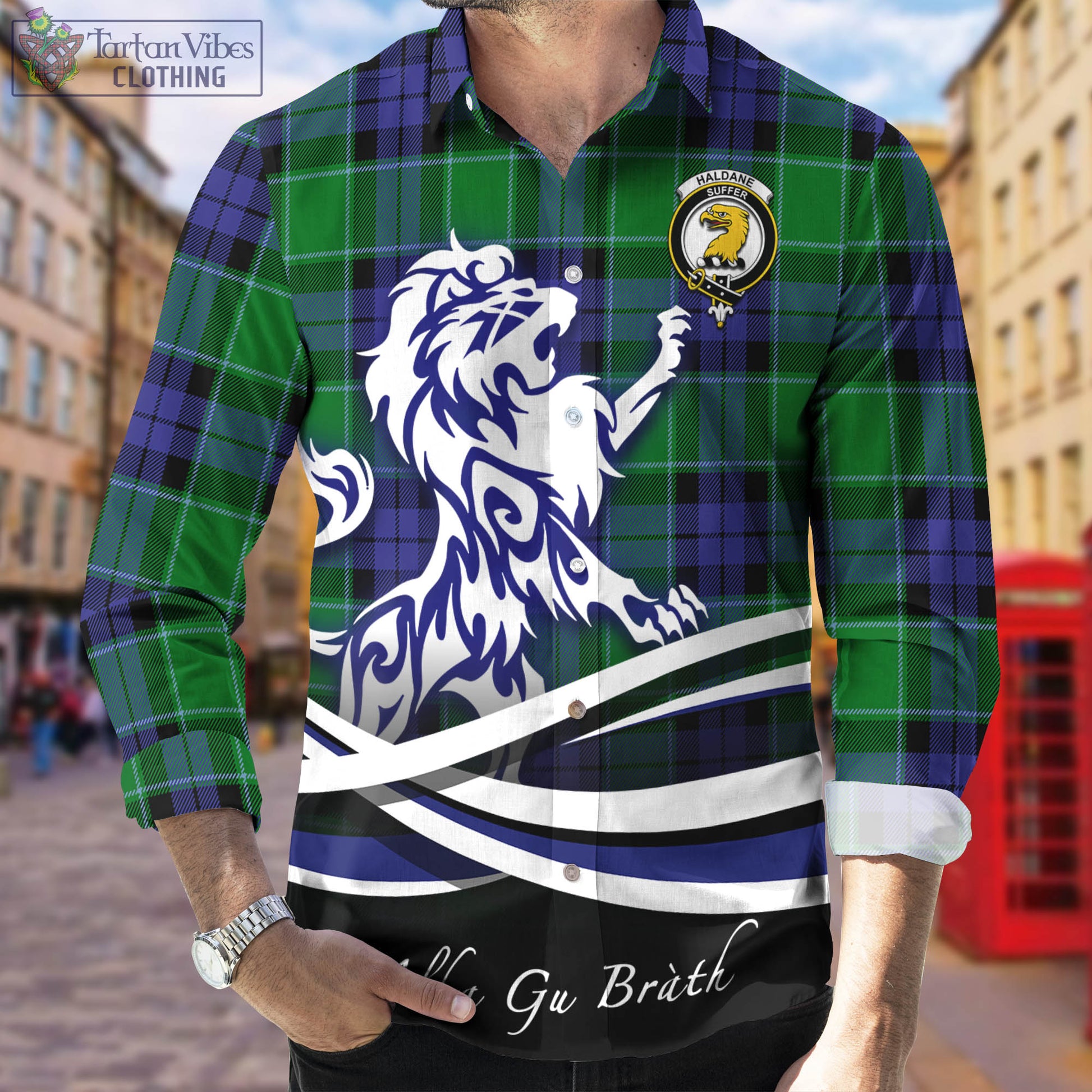 Haldane Tartan Long Sleeve Button Up Shirt with Alba Gu Brath Regal Lion Emblem Men's Shirt - Tartan Vibes Clothing