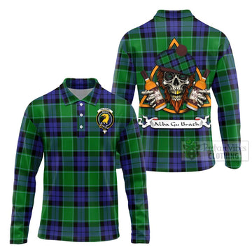 Haldane Tartan Long Sleeve Polo Shirt with Family Crest and Bearded Skull Holding Bottles of Whiskey Unisex - Tartan Vibes Clothing