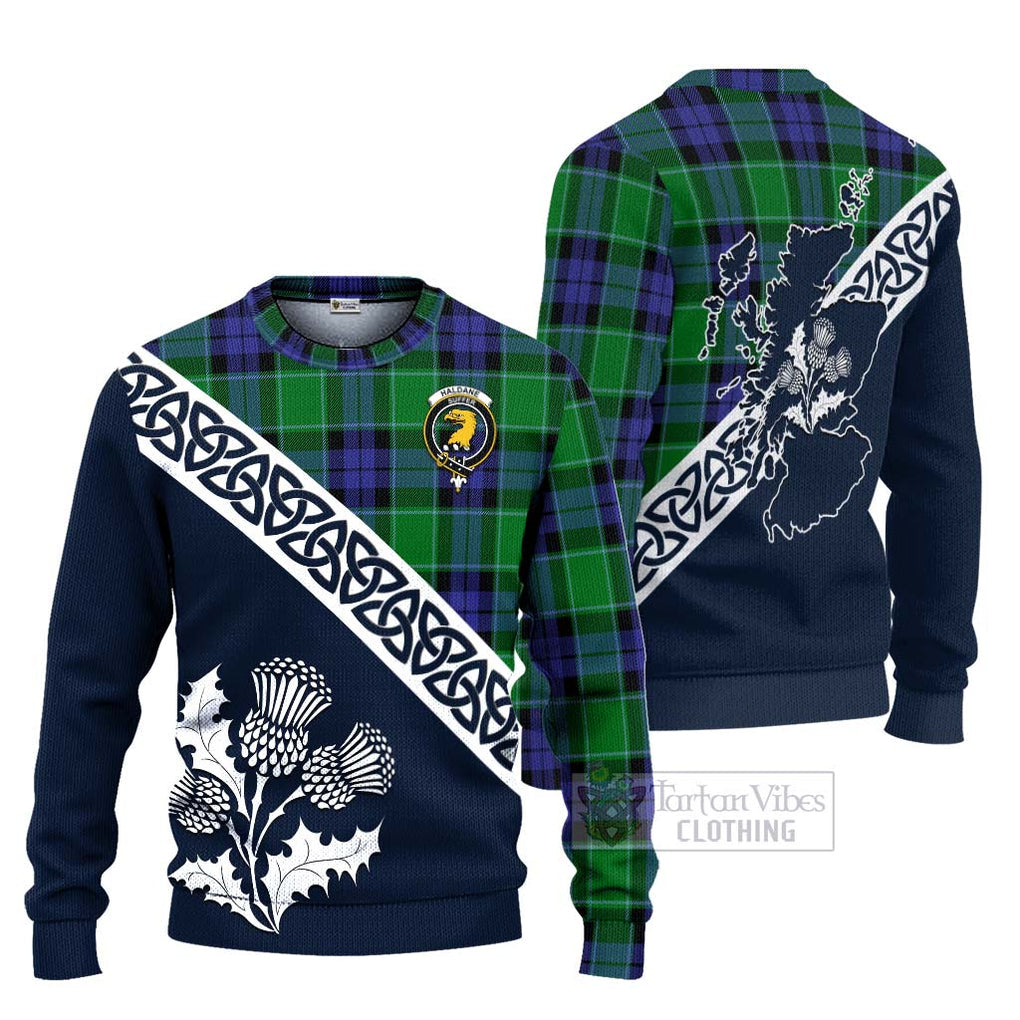Haldane Tartan Ugly Sweater Featuring Thistle and Scotland Map Unisex - Tartan Vibes Clothing