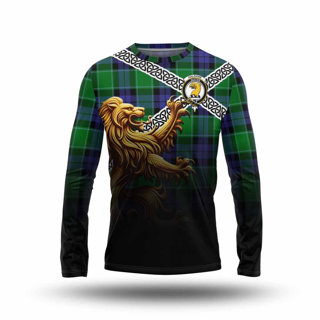 Haldane Crest Tartan Long Sleeve T-Shirt with Golden Lion Emblem Celtic Style Unisex - Tartan Vibes Clothing