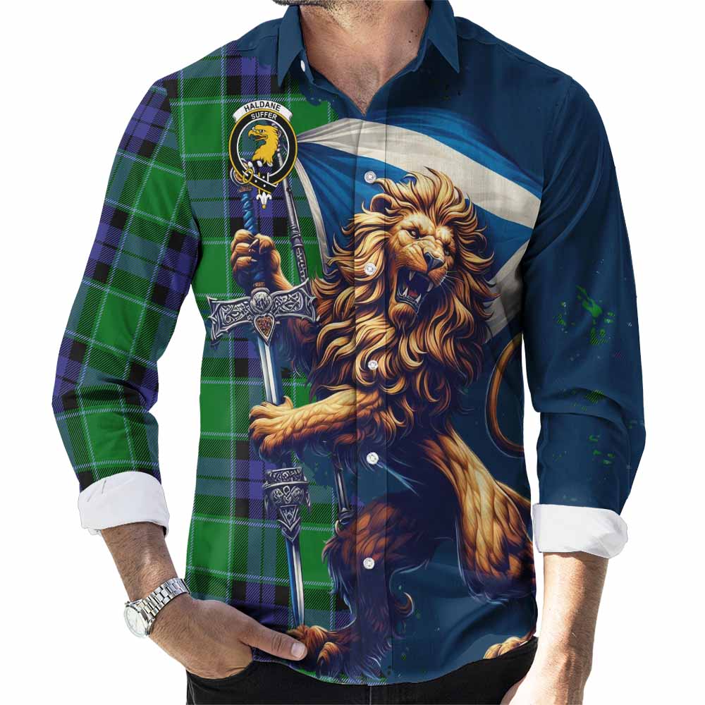 Haldane Tartan Family Crest Long Sleeve Button Shirt with Scottish Majestic Lion Men's Shirt S - Tartan Vibes Clothing
