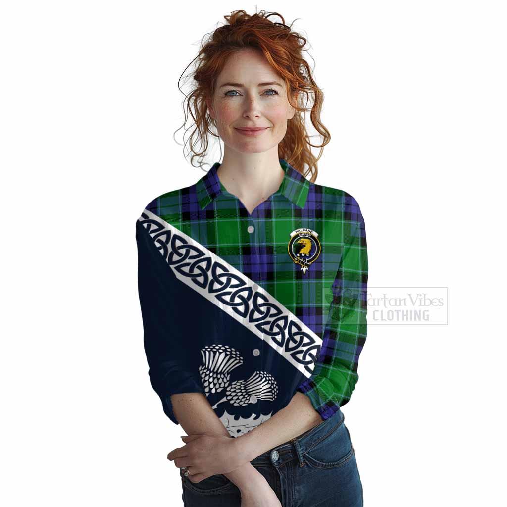 Haldane Tartan Women's Casual Shirt Featuring Thistle and Scotland Map Female - Tartan Vibes Clothing
