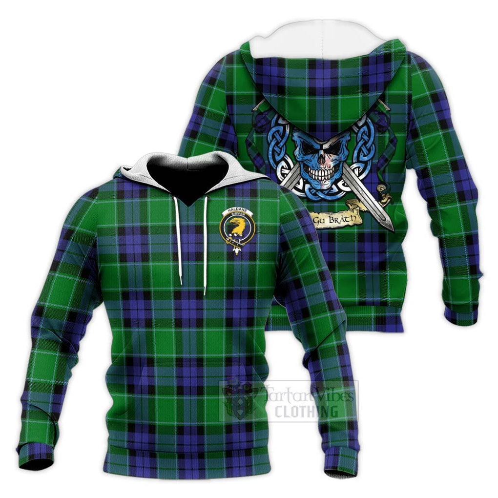 Haldane Tartan Knitted Hoodie with Family Crest Celtic Skull Style Unisex Knitted Pullover Hoodie - Tartan Vibes Clothing
