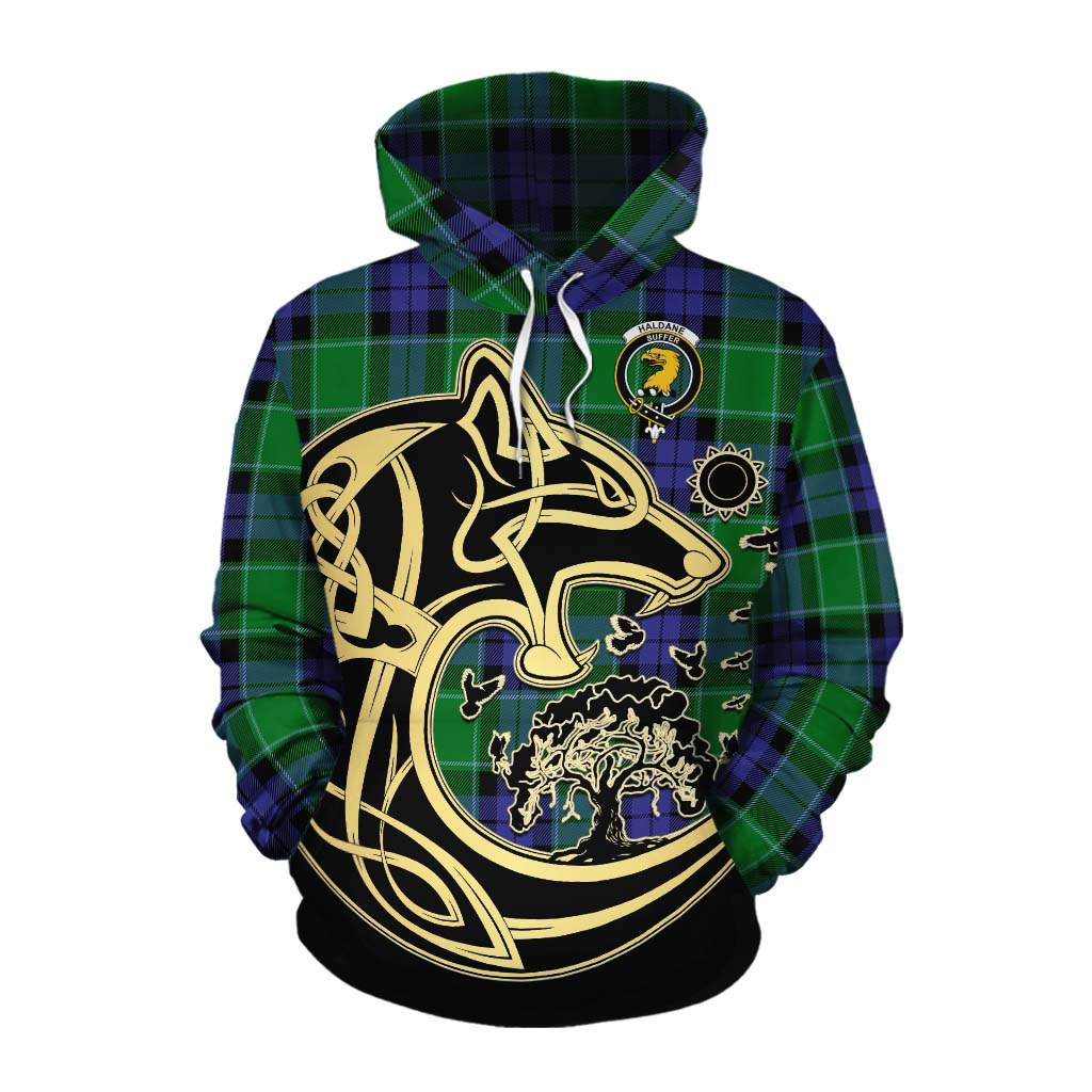 Haldane Tartan Cotton Hoodie with Family Crest Celtic Wolf Style Pullover Hoodie XS - Tartan Vibes Clothing