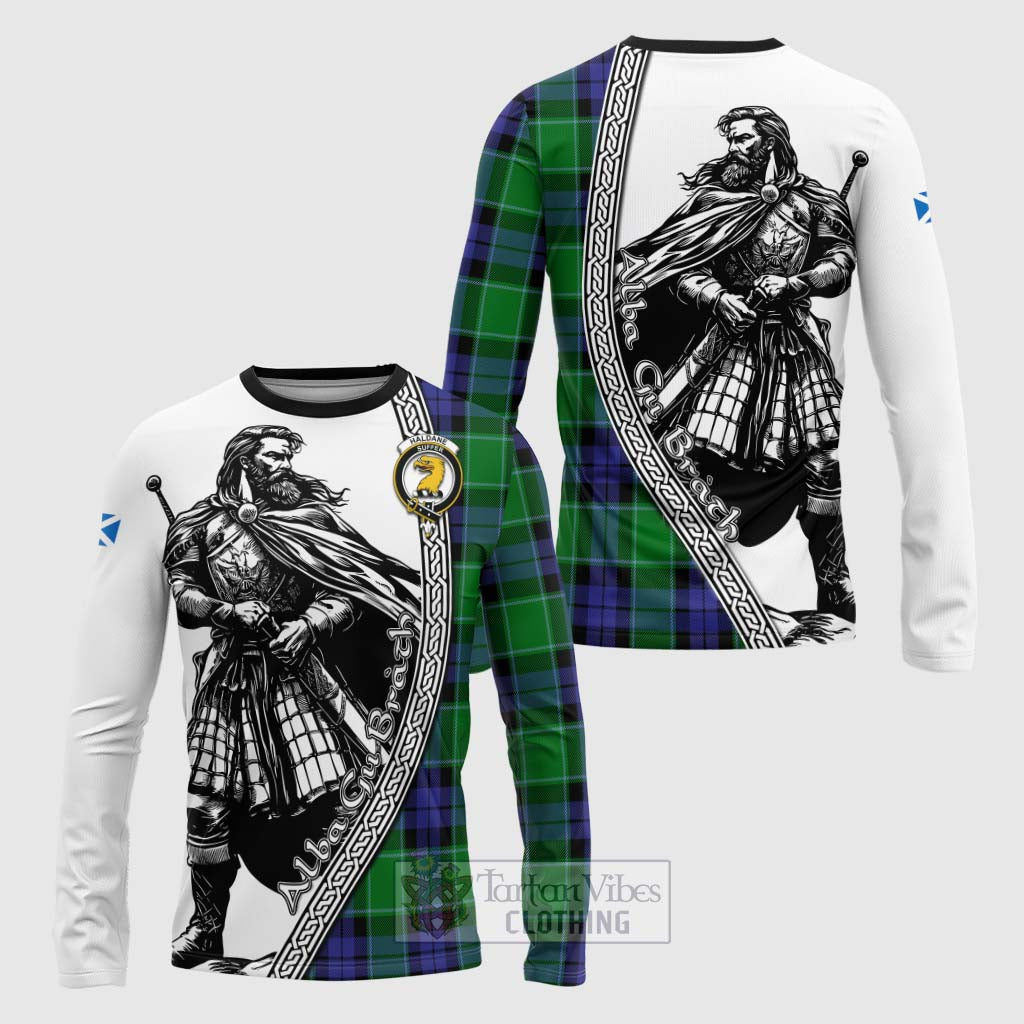 Haldane Tartan Clan Crest Long Sleeve T-Shirt with Highlander Warrior Celtic Style Unisex - Tartan Vibes Clothing