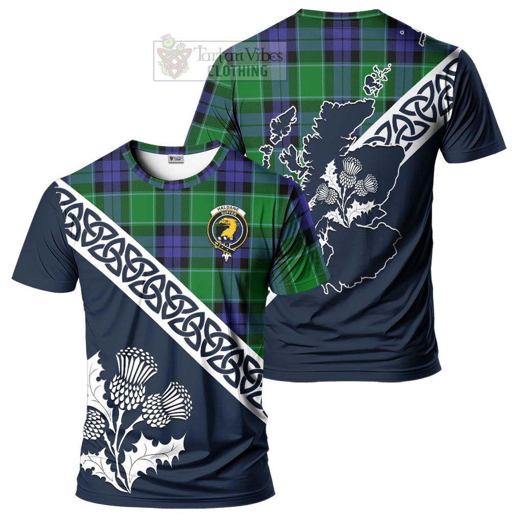 Haldane Tartan T-Shirt Featuring Thistle and Scotland Map Kid's Shirt - Tartanvibesclothing Store