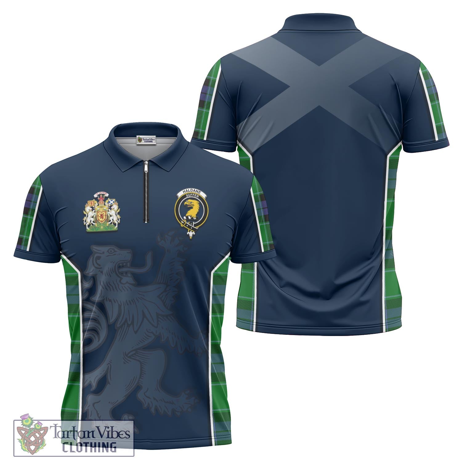 Tartan Vibes Clothing Haldane Tartan Zipper Polo Shirt with Family Crest and Lion Rampant Vibes Sport Style