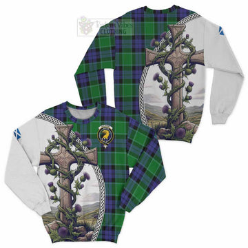 Haldane Tartan Sweatshirt with Family Crest and St. Andrew's Cross Accented by Thistle Vines Unisex - Tartan Vibes Clothing