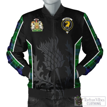 Haldane Tartan Bomber Jacket with Family Crest and Scottish Thistle Vibes Sport Style