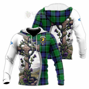 Haldane Tartan Knitted Hoodie with Family Crest and St. Andrew's Cross Accented by Thistle Vines Unisex Knitted Pullover Hoodie - Tartan Vibes Clothing